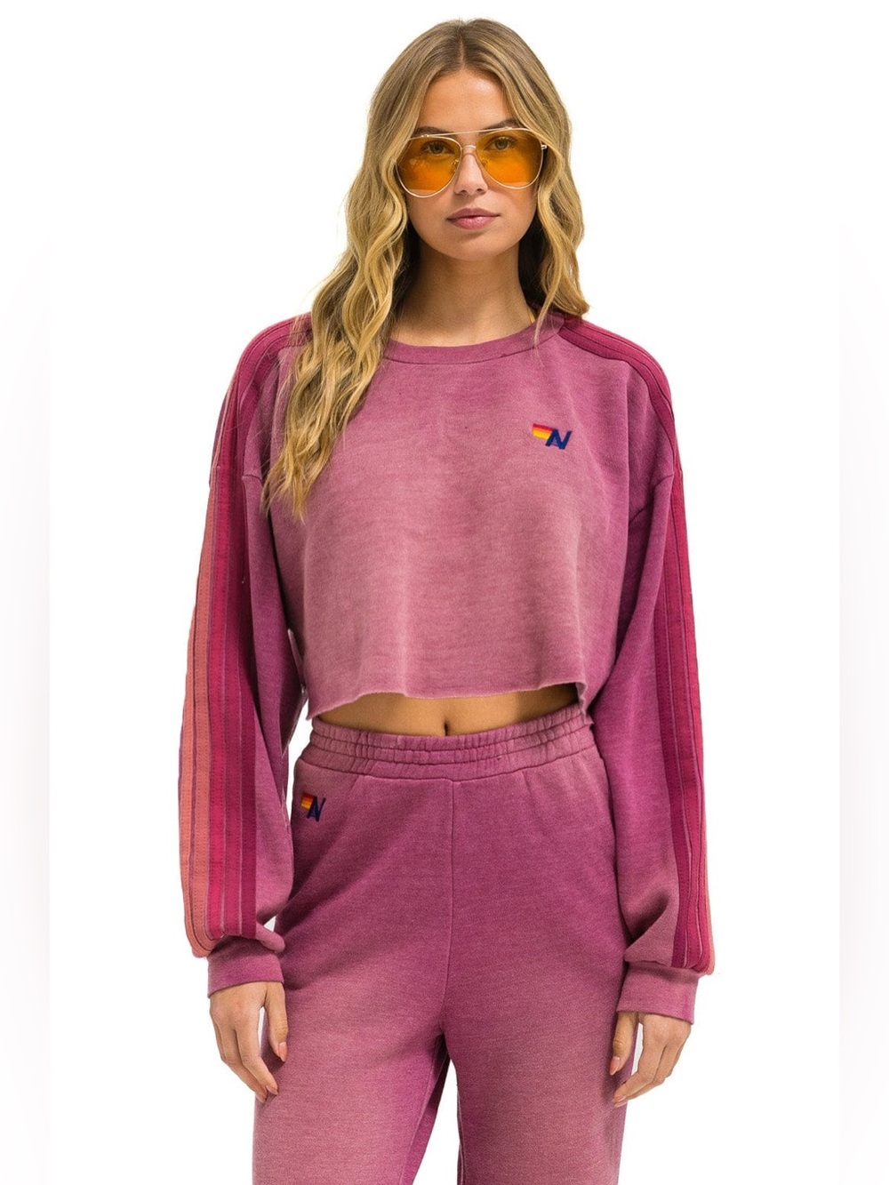 Aviator Nation Classic Stripe Cropped Crew Sweatshirt Relaxed-Faded Berry